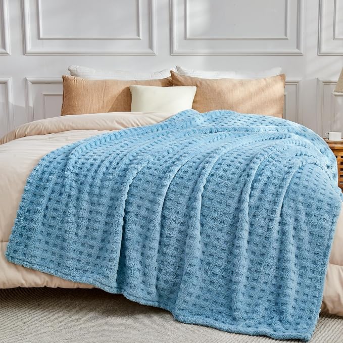 NEWCOSPLAY 3D Waffle Checkered Flannel Queen Blanket, Blue, 90"x90" | Super Soft Cute Lightweight Decorative Premium Silky Fleece Blanket for Couch Sofa Bed, Gift for Women Men, All Season Use