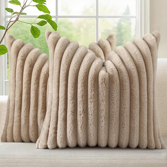 decorUhome Fall Faux Fur Throw Pillow Covers 12x12 Set of 2 Khaki Brown | Decorative Soft Cozy Striped Plush Modern Farmhouse Boho Couch Pillow Cases Velvet Back for Sofa Bed Living Room Home Decor