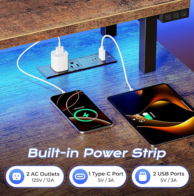 PRAISUN 40 inch Gaming Desk, LED & Outlets, Monitor Stand, Rustic Brown | Sturdy PC Desk for Home Office, Study & Work, LED Lights, 4 AC Outlets & USB-C Charging Station