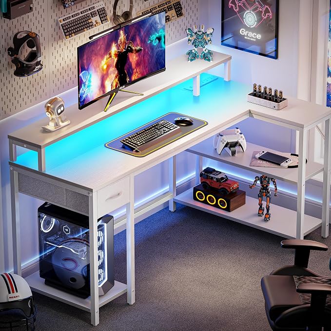 SUPERJARE 53 inch Reversible L Shaped Desk with LED Lights & Power Outlets, Computer Desk with Shelves & Monitor Stand, Gaming Desk with Drawer, Home Office Desk Corner Desk, PU White Drawer