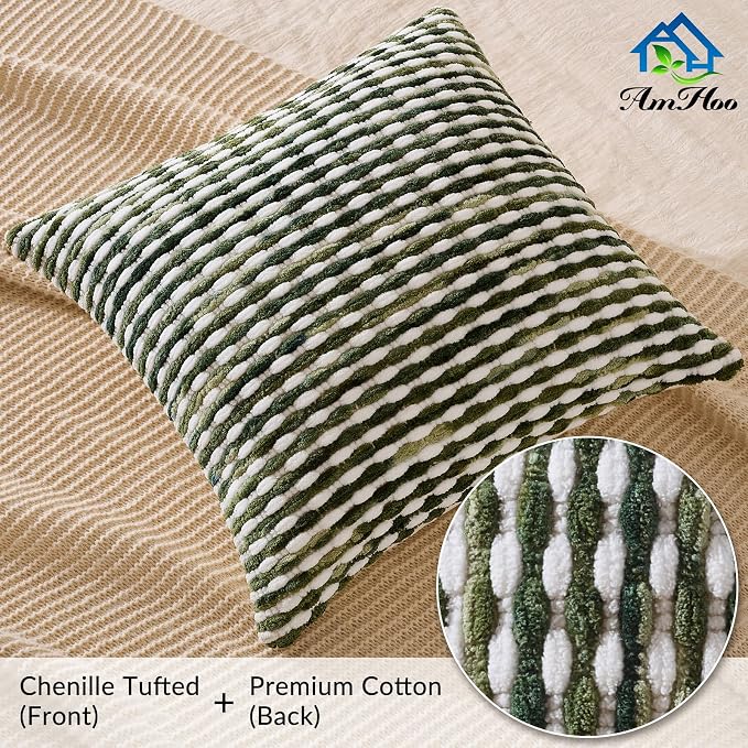 Boho Chenille Pillow Cover Decorative Tufted Pillowcase for Couch Bed Sofa Bedroom Living Room Modern 20 x 20-Inch Sage Green