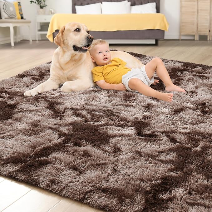 Tepook 4x6 Area Rugs for Living Room Bedroom, Soft Fluffy Plush Shaggy Girls Boys Kids Room Rug, Shag Upgrade Non-Slip Throw Carpet for Dorms Nursery Classroom Home Decor, Tie-Dyed Brown