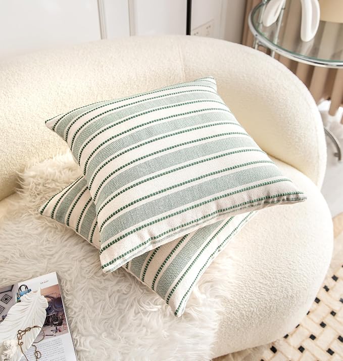 Cethom Decorative Boho Throw Pillow Covers, Farmhouse Textured Pillow Case, 18 x 18 Inch Set of 2, Chair Sofa Bedroom Living Room Home Decor Couch Cushion Case, Green and Beige Striped