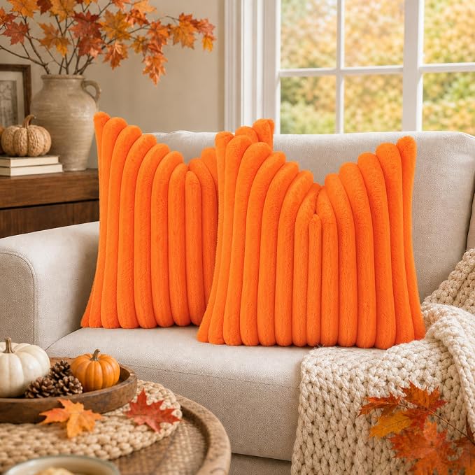 decorUhome Fall Faux Fur Throw Pillow Covers 22x22 Set of 2 Orange | Decorative Soft Cozy Striped Plush Modern Farmhouse Boho Couch Pillow Cases Velvet Back for Sofa Bed Living Room Home Decor