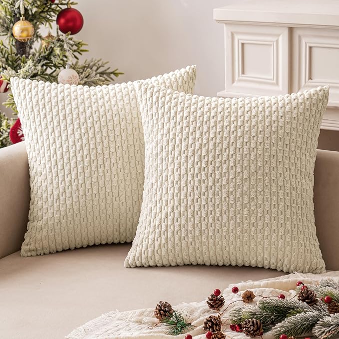 MIULEE Euro Sham Decorative Throw Pillow Covers 22x22 Cream White Corduroy | Textured Striped Pack of 2 Striped Pillow Covers Modern Farmhouse Home Decor for Couch Bed Sofa Living Room