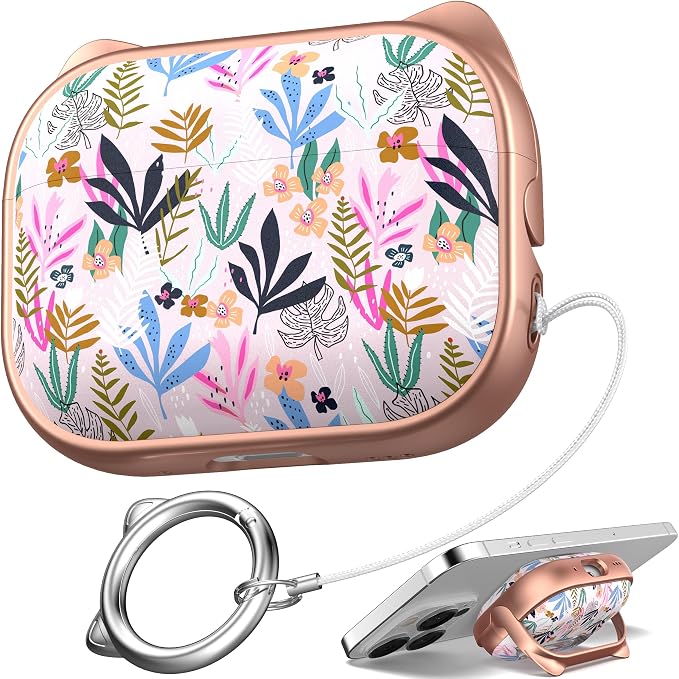 for AirPods Pro 2 Case with Cleaning Kit, Cute Cat Ear Print Design & Cute Buckle for Girls, Phone Holder & Top Safe Lock Buckle Design for AirPods Pro 2nd/1st Gen case, Rose Gold Leaves