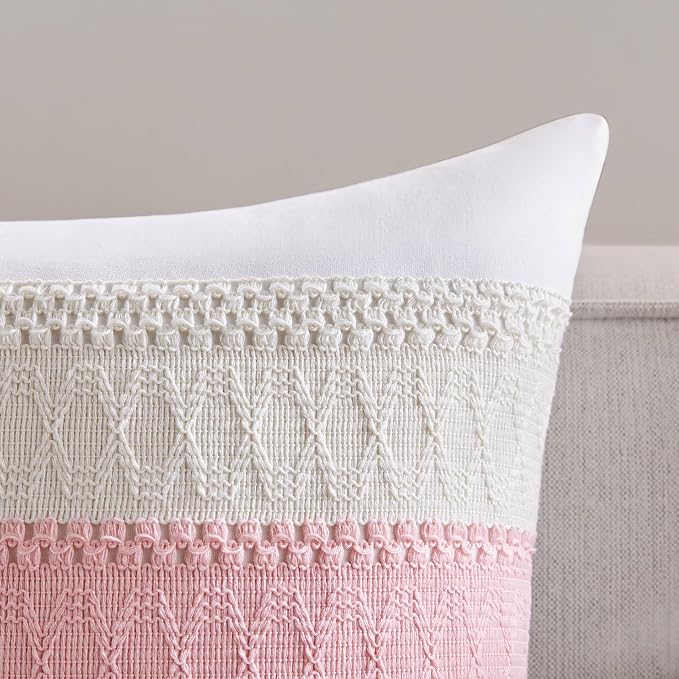 2pk Boho Pillow Covers 24x24, Natural White/Contrast/Light Pink | 100% Organic Cotton Body, Stripe Embroidery, Farmhouse Decorative Cushion Covers for Sofa Bed Living Room Home Decor