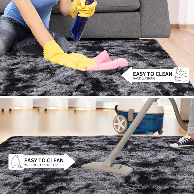 Tepook Soft Fluffy Rugs for Living Room, 5x8 Shaggy Area Rug for Bedroom, Modern Shag Rug Fuzzy Carpets for Kids, Plush Indoor Nursery Home Decor Rug with Non-Slip Bottom, Tie-dye Dark Grey