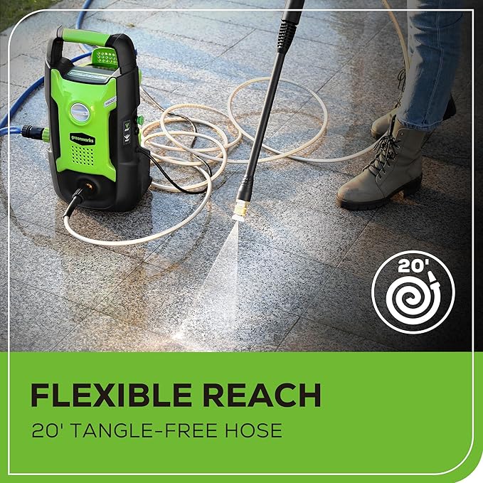 Greenworks Compact Electric Pressure Washer, 1.2 GPM (CSA Certified, Lightweight, 20 FT Tangle-Free Hose, 35 FT Power Cord) Great For Cars, Fences, Patios, Driveways, Decks and Patios