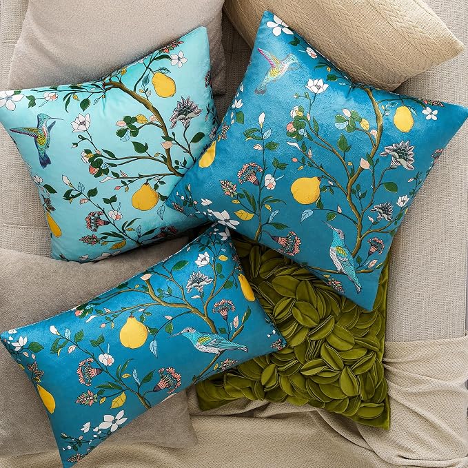 Stone Blue Velvet Floral Decorative 12x20 Lumbar Pillow Covers Set of 2 | Durable and Sturdy,Botanical Printed Pattern,Throw Pillows Case,Rectangle,Colorful Farmhouse,Home Sofa Bed Couch Decor