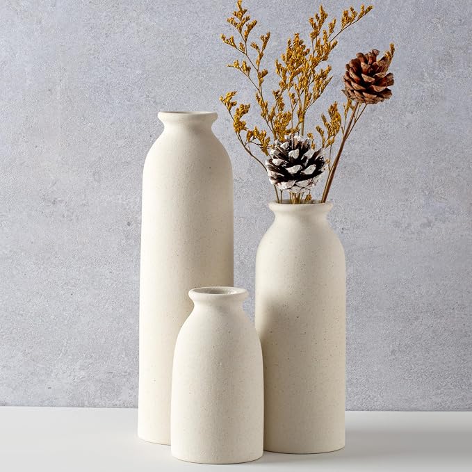 CEMABT Beige Ceramic vase Set-3 Flower vases for Decor,Modern Boho Farmhouse Home Decor,Decorative vase for Pampas Grass&Dried Flowers,idea Shelf,Table,Bookshelf