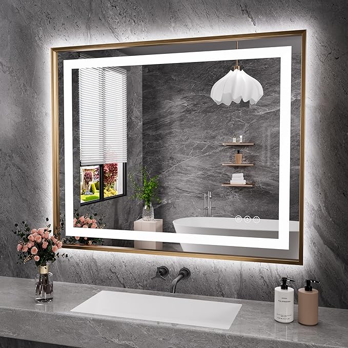 Amorho 44"X36" LED Bathroom Mirror, Golden Metal Framed Mirror with Front Light and Backlit, Stepless Dimmable, Anti-Fog, Shatter-Proof, Memory, 3 Colors