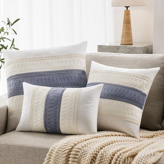 2pk Boho Pillow Covers 12x20, Natural White/Contrast/Blue | 100% Organic Cotton Body, Stripe Embroidery, Farmhouse Decorative Cushion Covers for Sofa Bed Living Room Home Decor