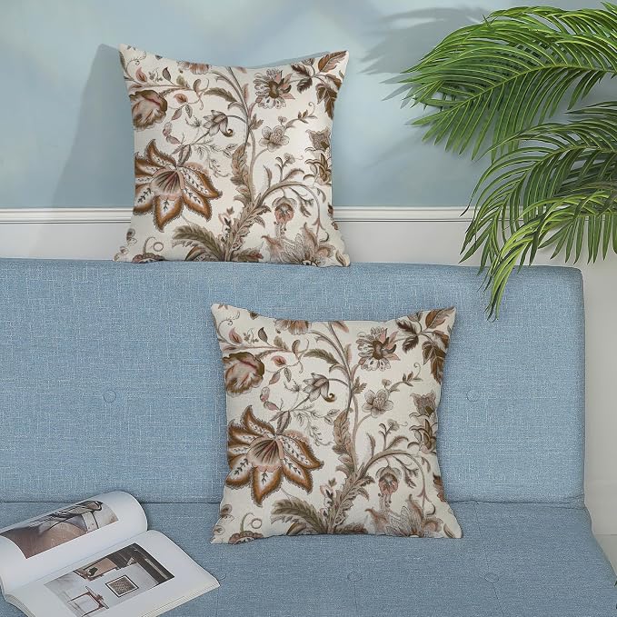 Brown Pillow Covers 20x20 Set of 2 Brown Chinoiserie Floral Throw Pillows Boho Vintage Flowers Decorative Pillow Cases Outdoor Chinoiserie Decor Farmhouse Linen Cushion Cover for Couch Sofa