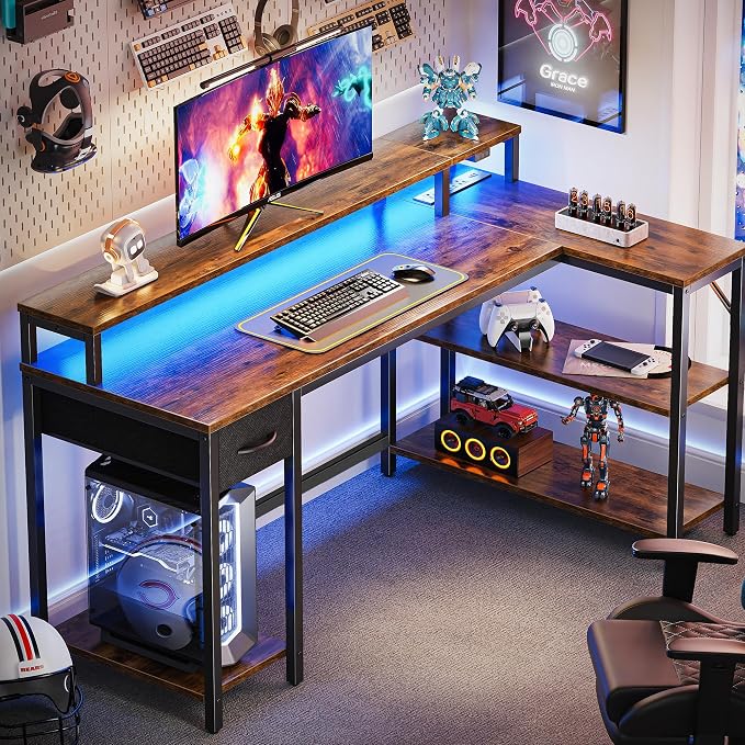 SUPERJARE 53 inch Reversible L Shaped Desk with LED Lights & Power Outlets, Computer Desk with Shelves & Monitor Stand, Gaming Desk with Drawer, Home Office Desk Corner Desk, Rustic Brown