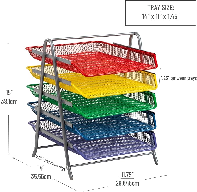 Mind Reader 5-Tier Paper Tray Organizer with Multicolor Trays, Classroom File Organizer for Teachers, Metal Mesh, Assorted Colors