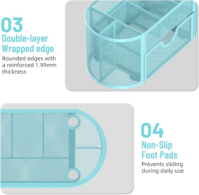 Mesh Desk Organizer with Drawer, 9-Compartment Pen Holder for Desk, Blue | Pull-Out Drawer Stores Pens, Pencils, Clips, Notes, and Small Office or School Supplies in One Compact Desk Caddy