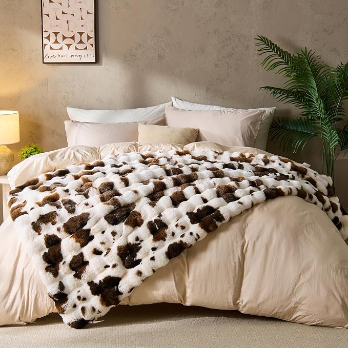 DOWNCOOL Large Faux Rabbit Fur Throw Blanket, Soft Fluffy Fuzzy Plush Bubble Blanket for Couch Sofa & Bed, Cozy Warm Luxury Fleece Minky Blanket, 90x90 Inches Cow Print-Brown