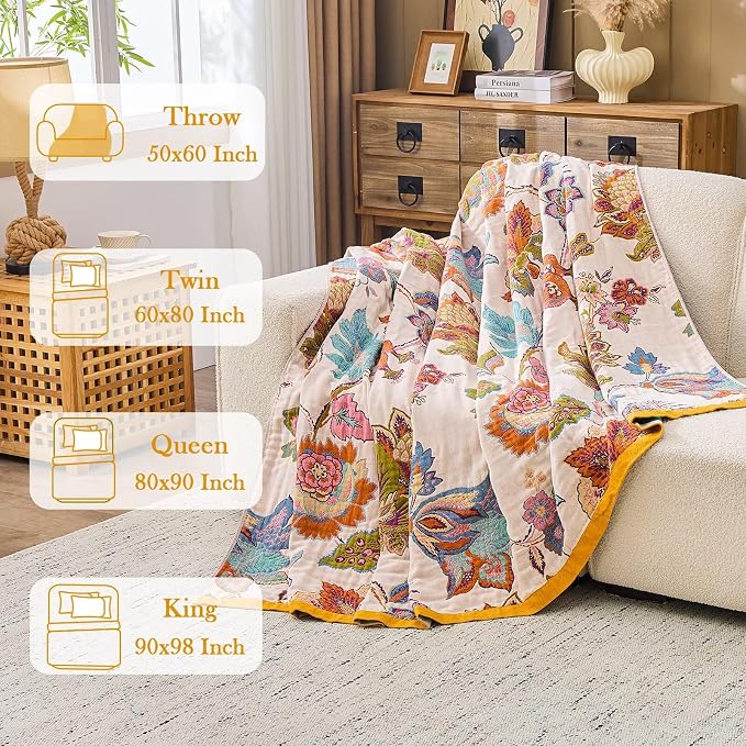 XIBLC Boho Throw Blanket 100% Cotton Vintage Blanket Muslin Woven Flower Decorative Throw Blankets All Season Bohemian Rustic Farmhouse Decor Quilt for Bed (Beige 60"x80")