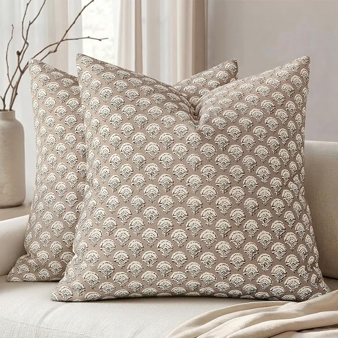 MIULEE Floral Print Decorative Pillow Covers 16x16, Light Taupe | Vintage Boho Farmhouse Modern Home Decor, Set of 2, Block Print Cushion Covers for Couch Sofa Bed Living Room