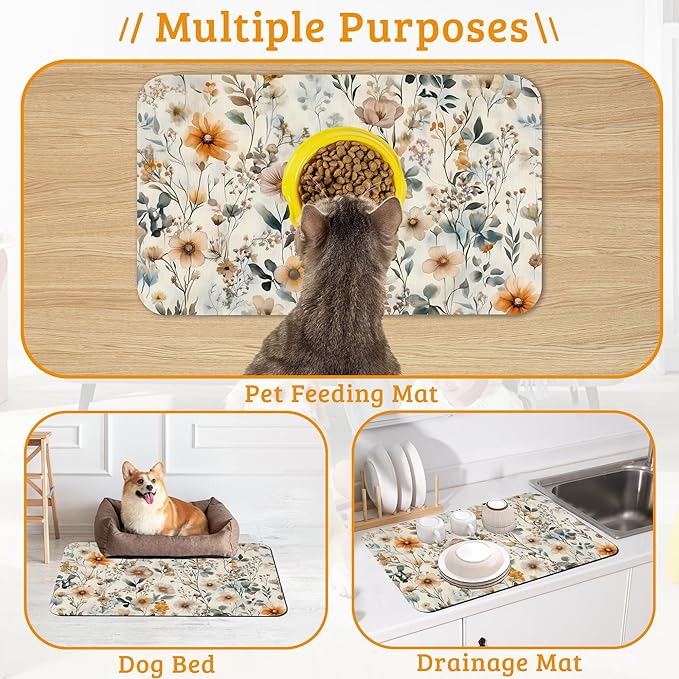 Vintage Flowers Dog Cat Food Mat,Herbs Absorbent Waterproof Placemat for Food and Water Non Slip Rubber Backing Durable Feeding Pad for Clean Floors 16" x 24"