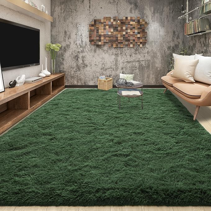 Tepook Fluffy Dark Green Rugs for Living Room Bedroom, 5x8 Soft Area Rug Forest Hunter Green Kids Girls Boys Rug, Indoor Plush Shaggy Non-Slip Carpet for Nursery Classroom Dorm Home Decor