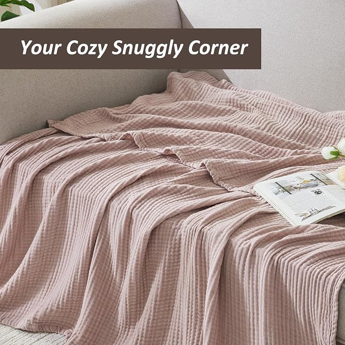 EMME Cotton Muslin Queen Blanket Bed Layering Bedspread Coverlet Breathable Gauze Soft Lightweight Blankets (Heather Dusty Pink, 90"x90")