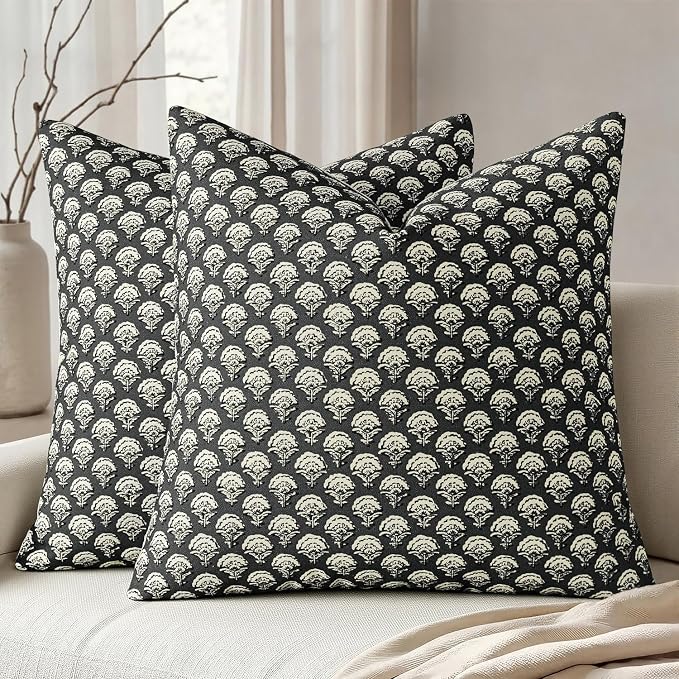 MIULEE Floral Print Decorative Euro Pillow Covers 22x22, Black | Vintage Boho Farmhouse Modern Home Decor, Set of 2, Block Print Cushion Covers for Couch Sofa Bed Living Room