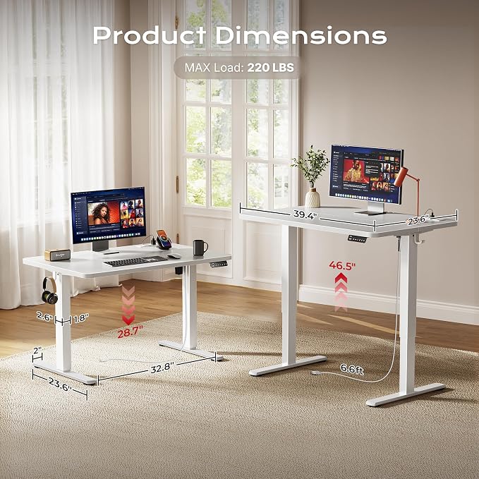 Huuger Electric Standing Desk with Power Outlets and USB-C Port, 39 X 24 Inch Height Adjustable Desk, Sit Stand Desk for Home Office, Computer & Gaming Desk with 4 Presets, Stable Steel Frame, White