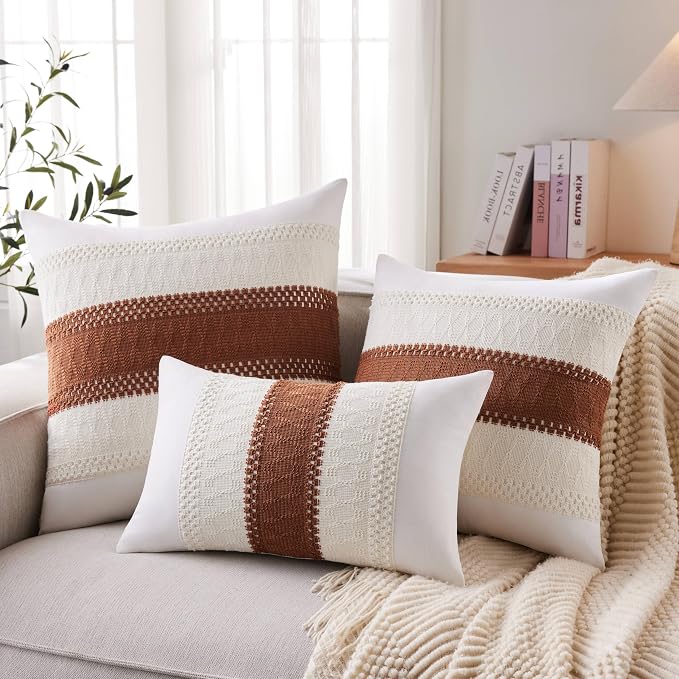 2pk Boho Pillow Covers 20x20, Natural White/Contrast/Terracota | 100% Organic Cotton Body, Stripe Embroidery, Farmhouse Decorative Cushion Covers for Sofa Bed Living Room Home Decor