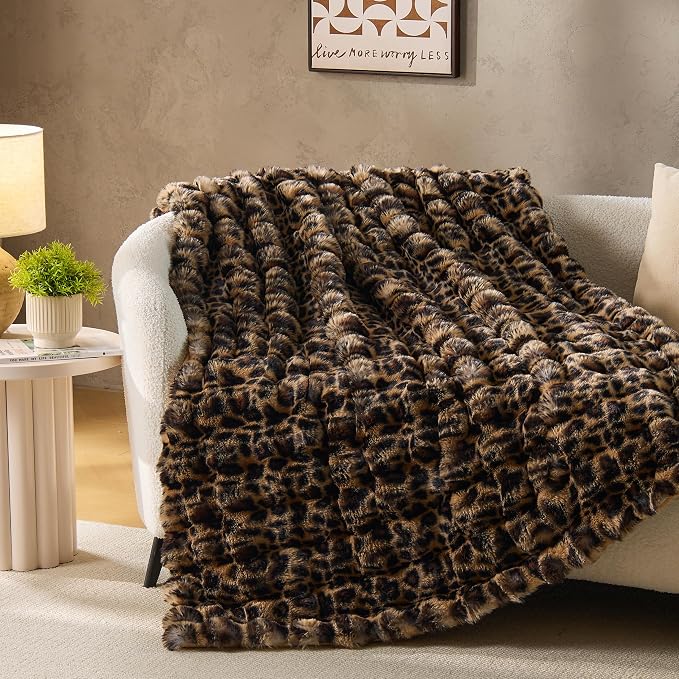 DOWNCOOL Large Faux Rabbit Fur Throw Blanket, Soft Fluffy Fuzzy Plush Bubble Blanket for Couch Sofa & Bed, Cozy Warm Luxury Fleece Minky Blanket, 90x90 Inches Leopard Print