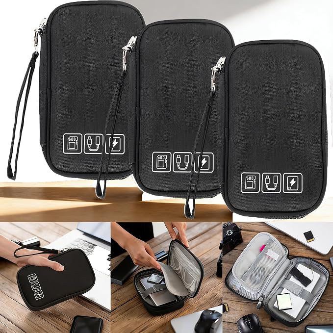 3Pcs Electronic Organizer Travel Case,Waterproof Cord Organizer Travel Cable Organizer Bag Portable Small Travel Tech Storage Pouch for Cord Charger Phone Earphone SD Card Cables Power Bank Card,Black
