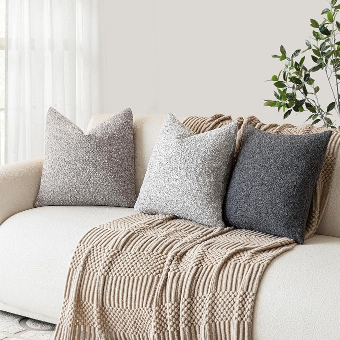 Foindtower Pack of 2 Textured Boucle Throw Pillow Covers Accent Solid Decorative Pillow Cases Cozy Woven Couch Cushion Case for Sofa Bedroom Living Room Home Decor, 18 x 18 Inch,Neutral Grey
