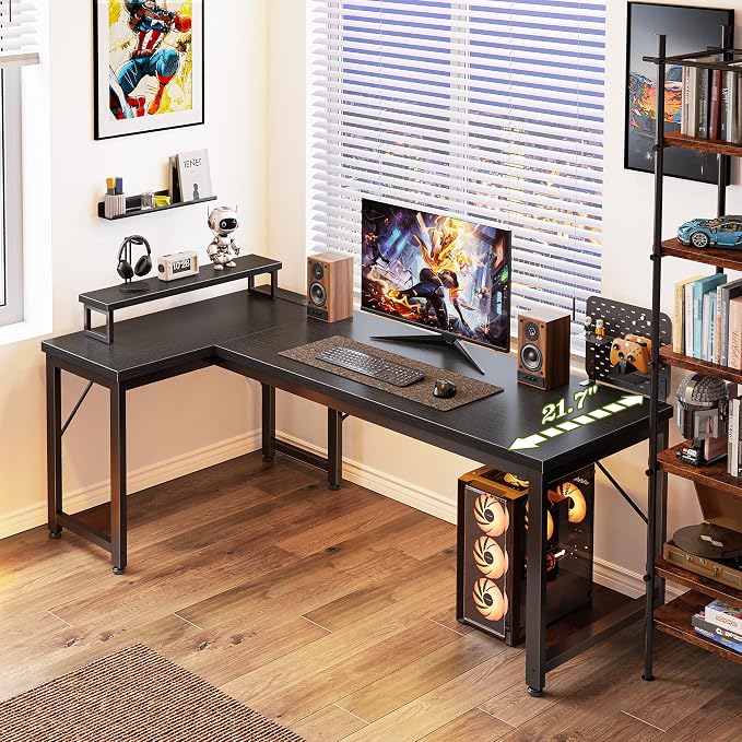 PRAISUN 53" L Shaped Computer Desk, Power Outlets, Monitor Stand, Black | USB-C Ports, Reversible Charging Station, Spacious Desktop & Legroom, 0.94 Inch Thick Desktop, for Gaming, Study & Work