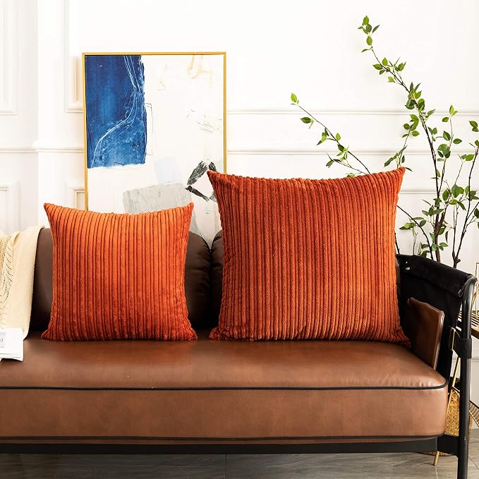 UGASA Fall Decor Super Soft Striped Corduroy Pillow Covers Large Throw Pillow Sham Cushion Cover Living Room, 2 Pcs, 26" x 26" (66cm), Burnt Brick