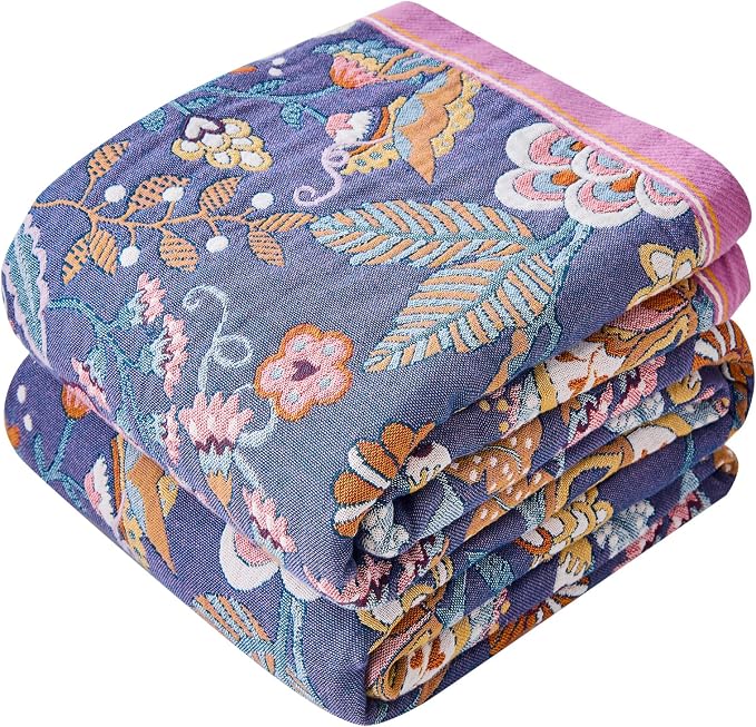 Boho Throw Blanket Farmhouse Decor Throw Blanket Bohemian Blanket for Bed 100% Cotton Muslin Woven Couch Blanket All Seasons Quilt Bedroom (H-Purple, 80"x90")