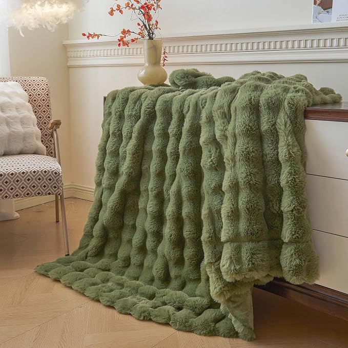 LIFEREVO Luxury Fluffy Faux Rabbit Fur Throw Blanket 50x60, Sage Green | Plush Bubble Blanket for Bedroom Living Room Office, Decorative Soft Moss Furry Lap Throw for Kids Teens Adults, Washable
