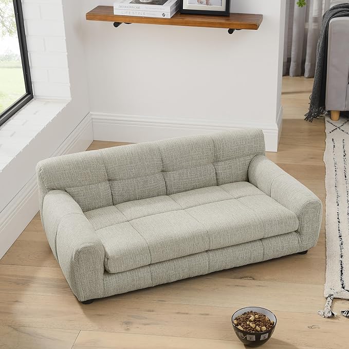 38" Dog Couch Bed for Large with Backrest and Armrest, Modern Pet Bed Comfortable Dog Couch for Medium and Large Dogs, Linen Fabric (Beige)