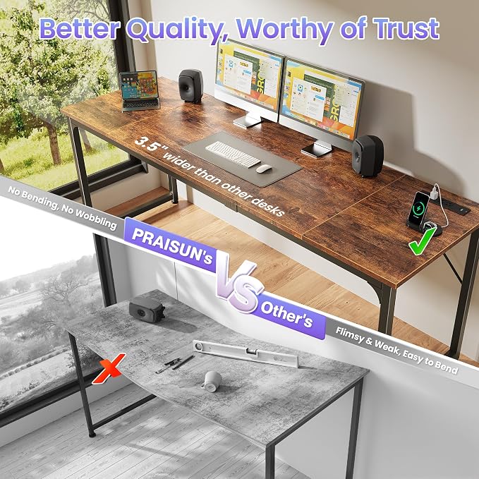 PRAISUN 80 X 24 Inch Computer Desk, Power Outlets, USB-C, Rustic Brown | Office Desk with 4 AC Outlets, USB & USB-C, Sturdy Metal Frame, Spacious Desktop for Work, Writing, Study & Gaming