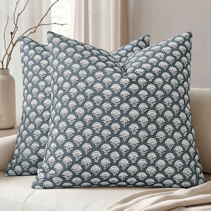 MIULEE Floral Print Decorative Pillow Covers 18x18, Dusty Blue | Vintage Boho Farmhouse Modern Home Decor, Set of 2, Block Print Cushion Covers for Couch Sofa Bed Living Room
