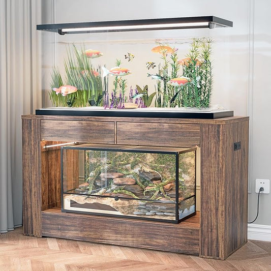 55–75 Gallon Aquarium Stand for Fish Tank & Turtle ,Reptile,Amphibian Terrariums, MDF Tabletop & Drawers, Reinforced Metal Frame, LED Lighting, Power Outlets (Rustic Brown)