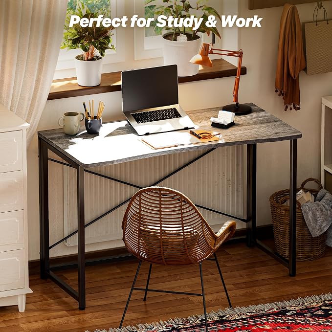Huuger Folding Desk for Small Spaces, 31.5 Inch Foldable Computer Table, Easy Assembly, for Home Office, Study, Bedroom, Dorm, Space Saving, Small Writing Work Office Computer Desk, Grey