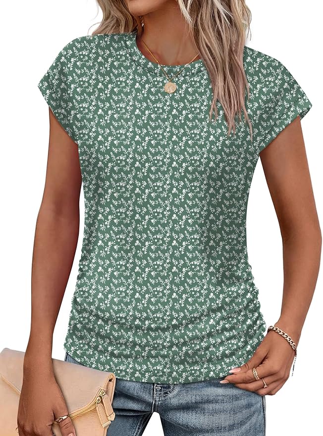 Sampeel Womens Summer Tops Trendy 2026 Ruched Cap Short Sleeve Tshirts Shirts Crew Neck T Shirts Fashion