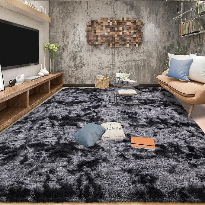 Tepook Area Rugs 9x12 for Living Room, Super Soft Fluffy Rugs for Bedroom, Modern Shaggy Rug Fuzzy Carpets for Kids, Plush Indoor Nursery Home Decor Rug with Non-Slip Bottom, Tie-Dyed Dark Grey