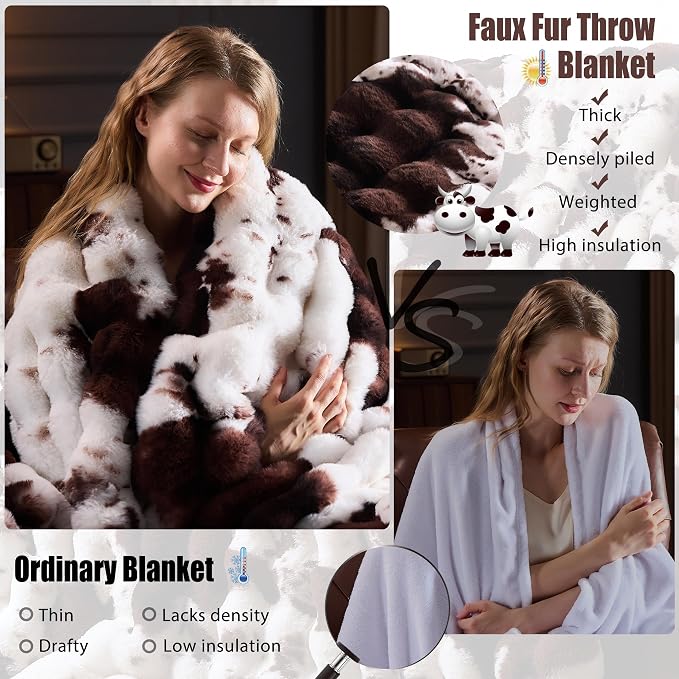 Faux Fur Throw Blanket for Couch, Fluffy Fuzzy Plush Bubble Blanket, Soft Warm Cozy Shaggy Rabbit Blanket, Luxury Decorative Gifts for Sofa Bedroom Living Room, 90x90inch (Cow Print-Brown)