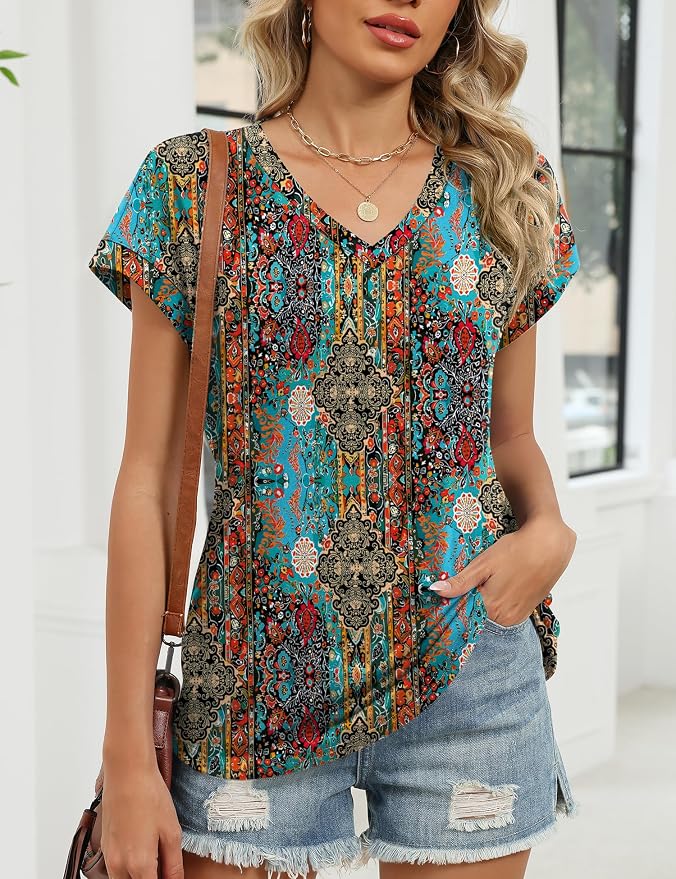 Rapbin Womens Summer Tops Women Blouses Dressy Casual V Neck T Shirts Short Sleeve Spring Tops for Women