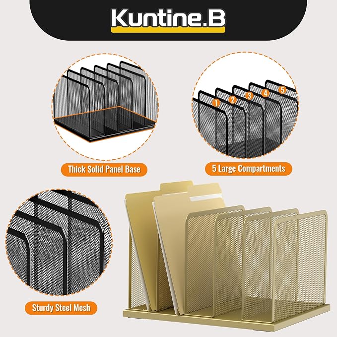 Kuntine.B 5-Section Upright Desk File Organizer Gold 1 Pack | Vertical, Mesh, Metal, Assembly, Stability, Sturdiness, Organization, Standing