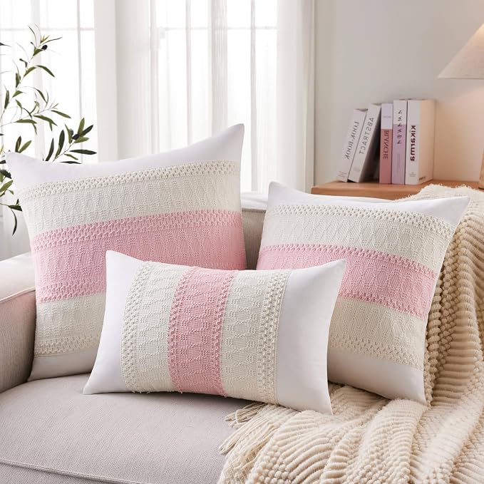 2pk Boho Pillow Covers 24x24, Natural White/Contrast/Light Pink | 100% Organic Cotton Body, Stripe Embroidery, Farmhouse Decorative Cushion Covers for Sofa Bed Living Room Home Decor