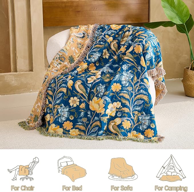 VANJOROY Boho Throw Blanket, 100% Organic Cotton Breathable Ultra Soft 60" x 80" Bed Quilt Blue Throw - All Season Bird Floral Rustic Farmhouse Decor Reversible Blanket for Couch Chair and Gift