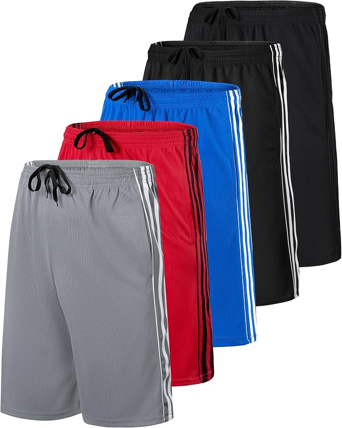 5 Pack Men's Mesh Shorts Athletic Basketball Sports Gym Workout Pockets | Cooling Moisture-Wicking, 9", Long, Quick-Dry, Breathable, Elastic Drawstring Waistband. Running, Exercise, Soccer, Training.